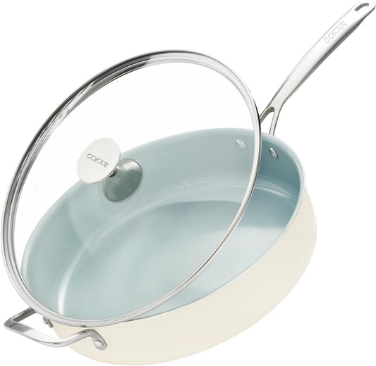 Nonstick Sauté Pan with Lid 5 QT Deep Frying Pan with Stainless Steel Helper Handle 12 inch Large Skillet Ceramic Jumbo Cooker for Healthy Cooking, Induction Compatible Cookware, PFOA Free