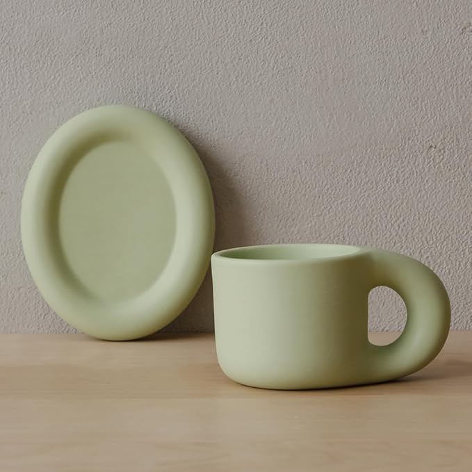 WENSHUO Chubby Funny Coffee Mug, Novelty Cute Cup and Saucer, Matte Crème, 9 oz (Mint Green)