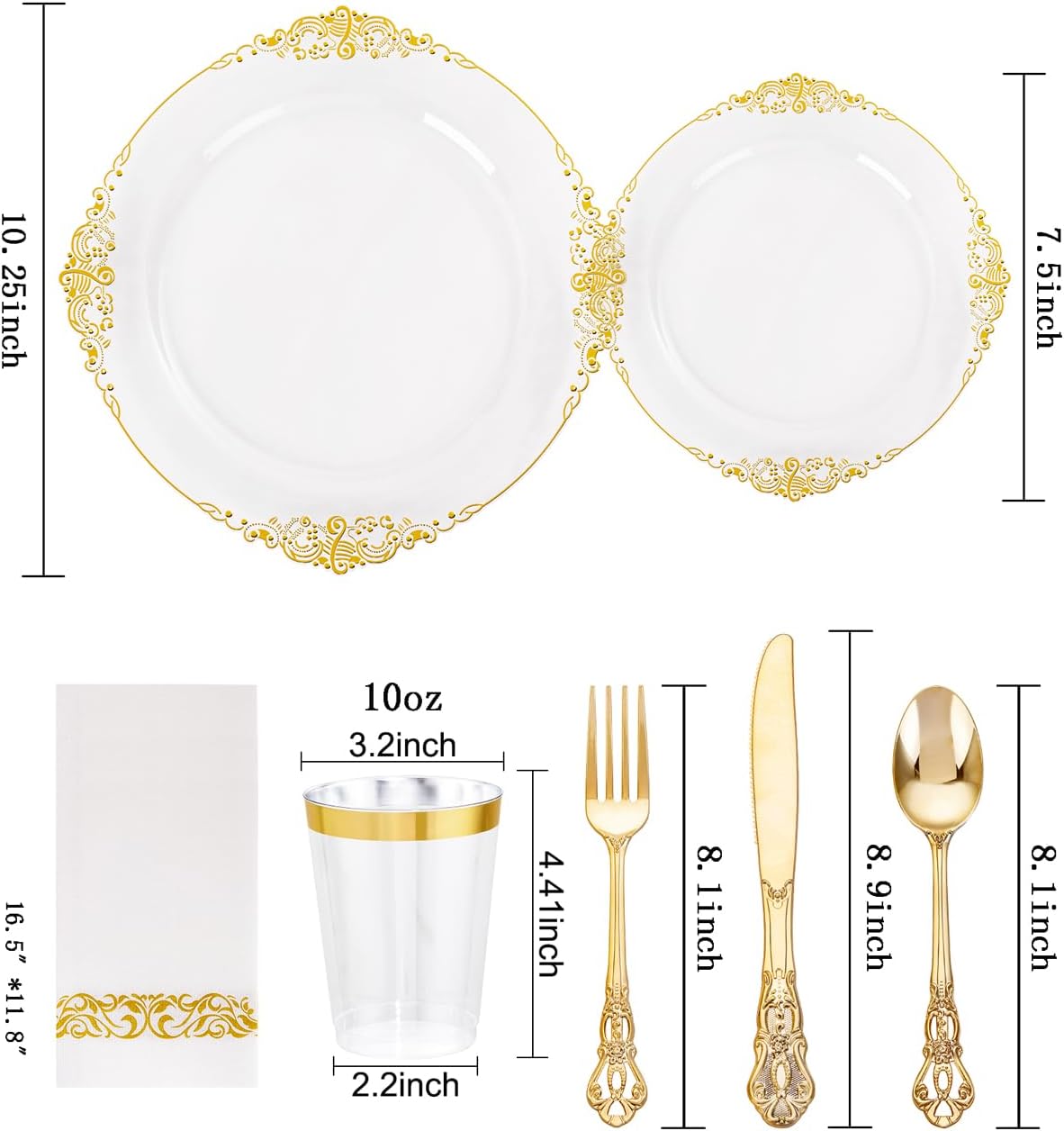 YOUBET 700PCS Clear Gold Plastic Plates - Elegant Gold Plastic Dinnerware Set Include 200 Disposable Plates, 300 Heavy Duty Silverware, 100 Cups, 100 Napkins for Wedding Party & Thanksgiving