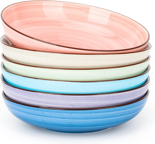 KitchenTour Ceramic Pasta Bowls - Large Salad Bowls Porcelain Serving Bowl Set 26 Ounce - 8 Inch Soup Bowl - Dishwasher and Microwave Safe - Set of 6, Assorted Warm Colors