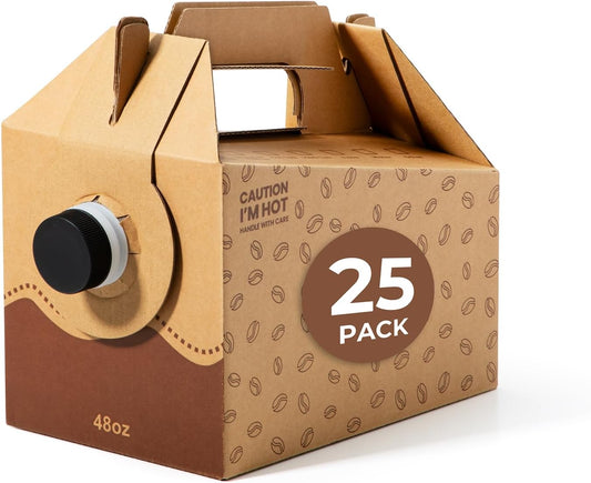 Fit Meal Prep 25 Pack 48 oz Disposable Coffee Dispensers with Handle, Insulated to Go Storage Containers, Portable Coffee Box Cold Hot Drink Dispenser Bulk for Party, Catering, Office, Take Out