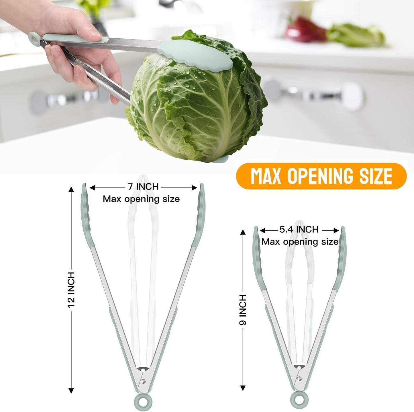 Hotec Premium Stainless Steel Locking Kitchen Tongs with Silicon Tips, Set of 2-9" and 12" Light Green