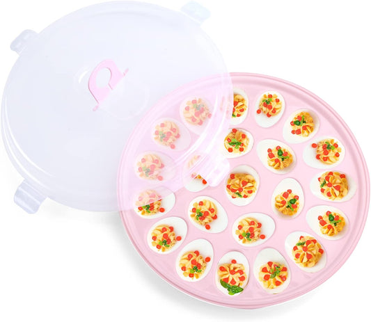 HANSGO Deviled Egg Containers with Lid, Deviled Egg Platter Carrier Holder Trays with 22 Slots for Holiday Party and Home Kitchen, Pink