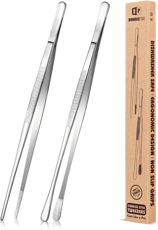 2 Pcs 10-Inch Kitchen Tweezers Fine Tweezer Tongs, Stainless Steel Professional Long Cooking Tweezers for BBQ, Sea Food, Repairing and Serving (SILVER)