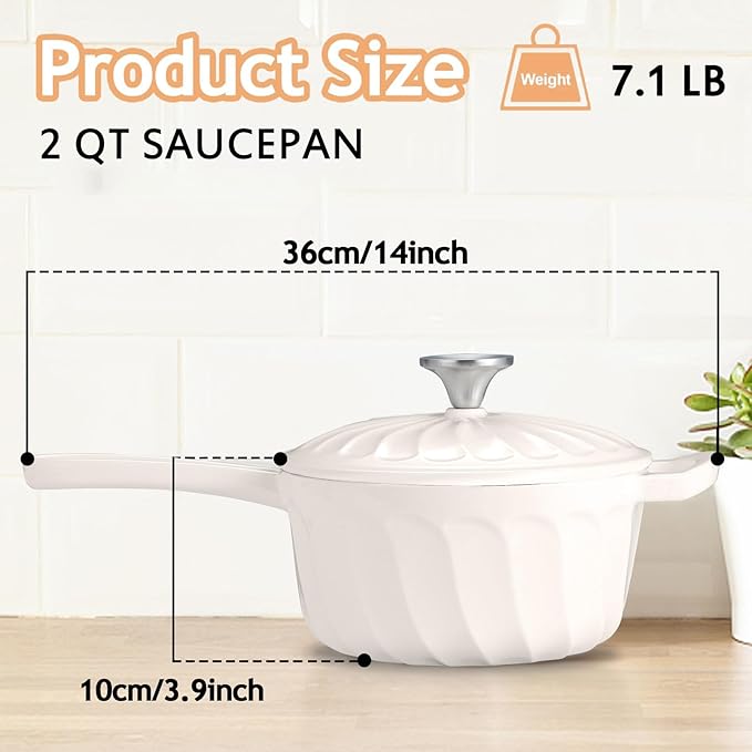 Enameled Cast Iron Sauce Pan, 2 Quart Enameled Saucepan with Lid, Mini Dutch Oven Enamel Saucepan for Cooking Pasta Sauce, Gravy, Puddings, Marinate, Boiling (White)