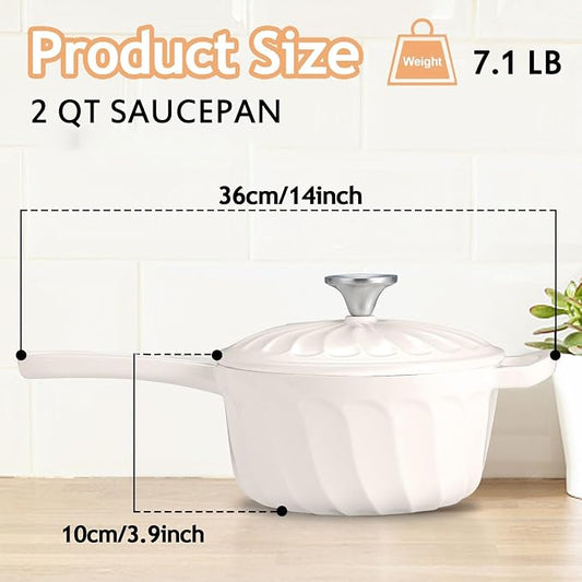 Enameled Cast Iron Sauce Pan, 2 Quart Enameled Saucepan with Lid, Mini Dutch Oven Enamel Saucepan for Cooking Pasta Sauce, Gravy, Puddings, Marinate, Boiling (White)