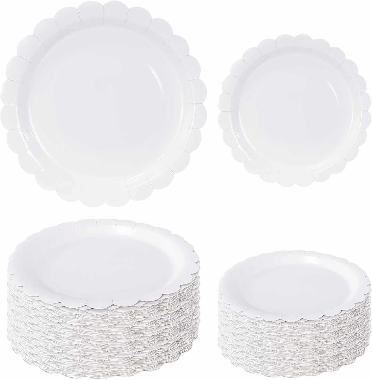 50 Pcs White Scalloped Paper Plates 25 × 7'' and 25 × 9'' Disposable White Scalloped Dinner Plates for Wedding Baby Shower Birthday Party Disposable Dessert Plate