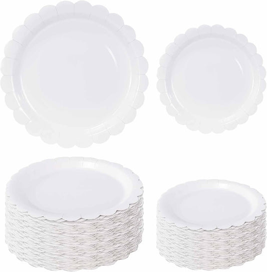 50 Pcs White Scalloped Paper Plates 25 × 7'' and 25 × 9'' Disposable White Scalloped Dinner Plates for Wedding Baby Shower Birthday Party Disposable Dessert Plate