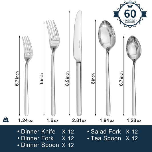 KINGSTONE Silverware Sets, 60 Piece Flatware Set for 12, 18/10 Stainless Steel Cutlery Set Mirror Polished Modern Design Dishwasher Safe