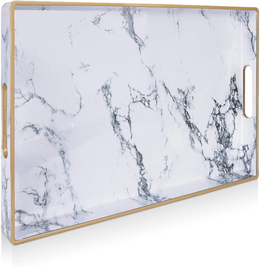 Gifturbo White Serving Tray, Marble Serving Trays with Handles,Rectangular Coffee Table Ottoman Tray Decorative Plastic Tray with Gold Rim for Living Room, Bathroom,Decor,15.7 x 10.2 x1.37 inches