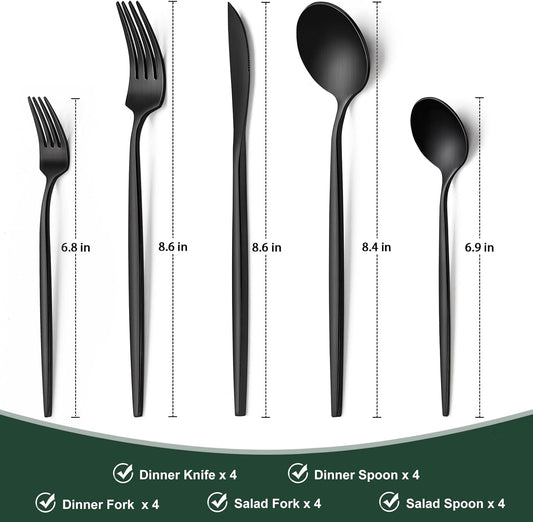 Matte Black Silverware Set 20 Piece, Wildone Stainless Steel Flatware Set Service for 4, Cutlery Utensil Sets for Home Restaurant, Include Knife Fork Spoon Set, Dishwasher Safe