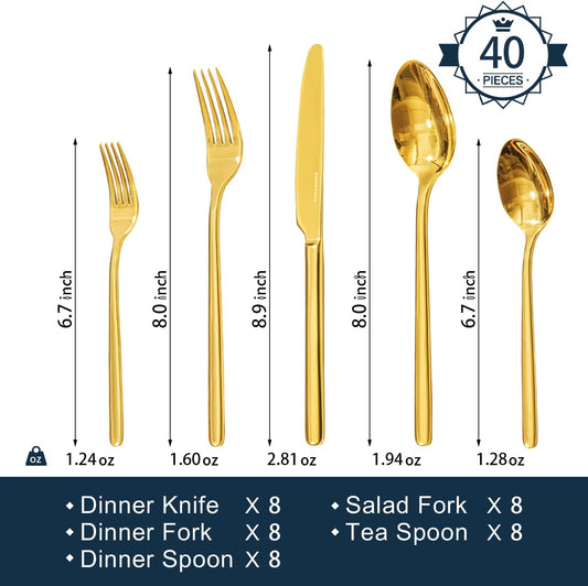 KINGSTONE Gold Silverware Set, 40 Piece Flatware Cutlery Set for 8, 18/10 Stainless Steel Silverware Mirror Polished Dishwasher Safe for Home, Restaurant, Wedding, Party(Gold, 40 pieces for 8)