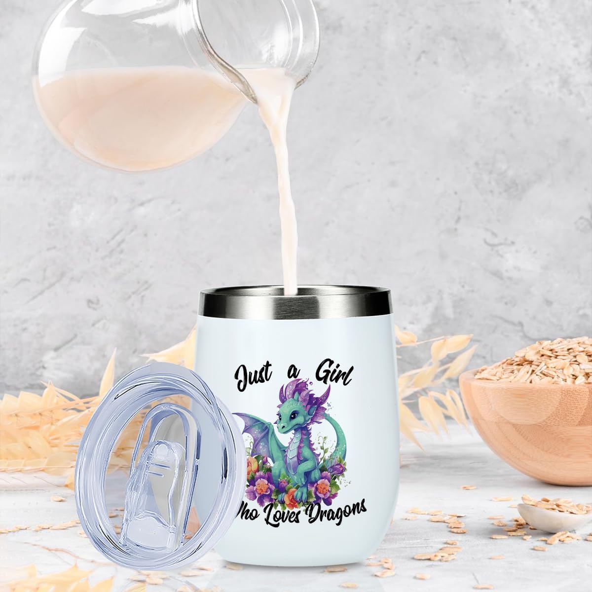 Cute Funny 12 oz Tumbler, Wine Tumbler Insulated Wine Glass with Lid, Dragon Gifts for Women Girls Dragon Decor Stuff for Friend Daughter Sister Bestie Animal Lover Friendship Christmas Birthday