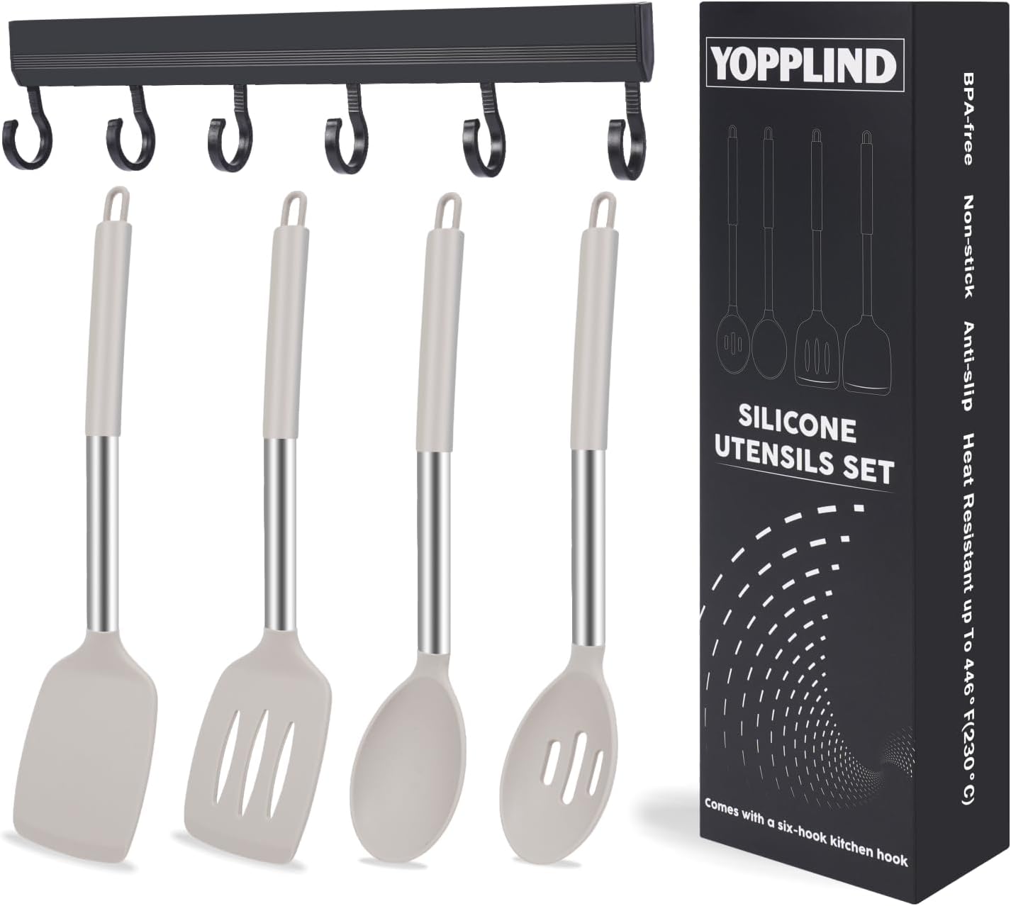 5-Piece Silicone Kitchen Tool Set, BPA-Free, Heat-Resistant, Non-Stick & Dishwasher-Safe, with Slotted/Solid Spoons & Spatulas for Frying, Mixing, Draining – Includes Multi-Purpose Serving Hook(Khaki)