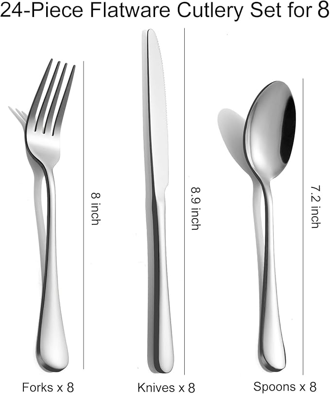 24-Piece Silverware Set for 8 - Stainless Steel Flatware Cutlery Set Service for 8, Mirror Polished Flatware Set Include Forks Spoons Knives for Home, Wedding, Restaurant, Dishwasher Safe