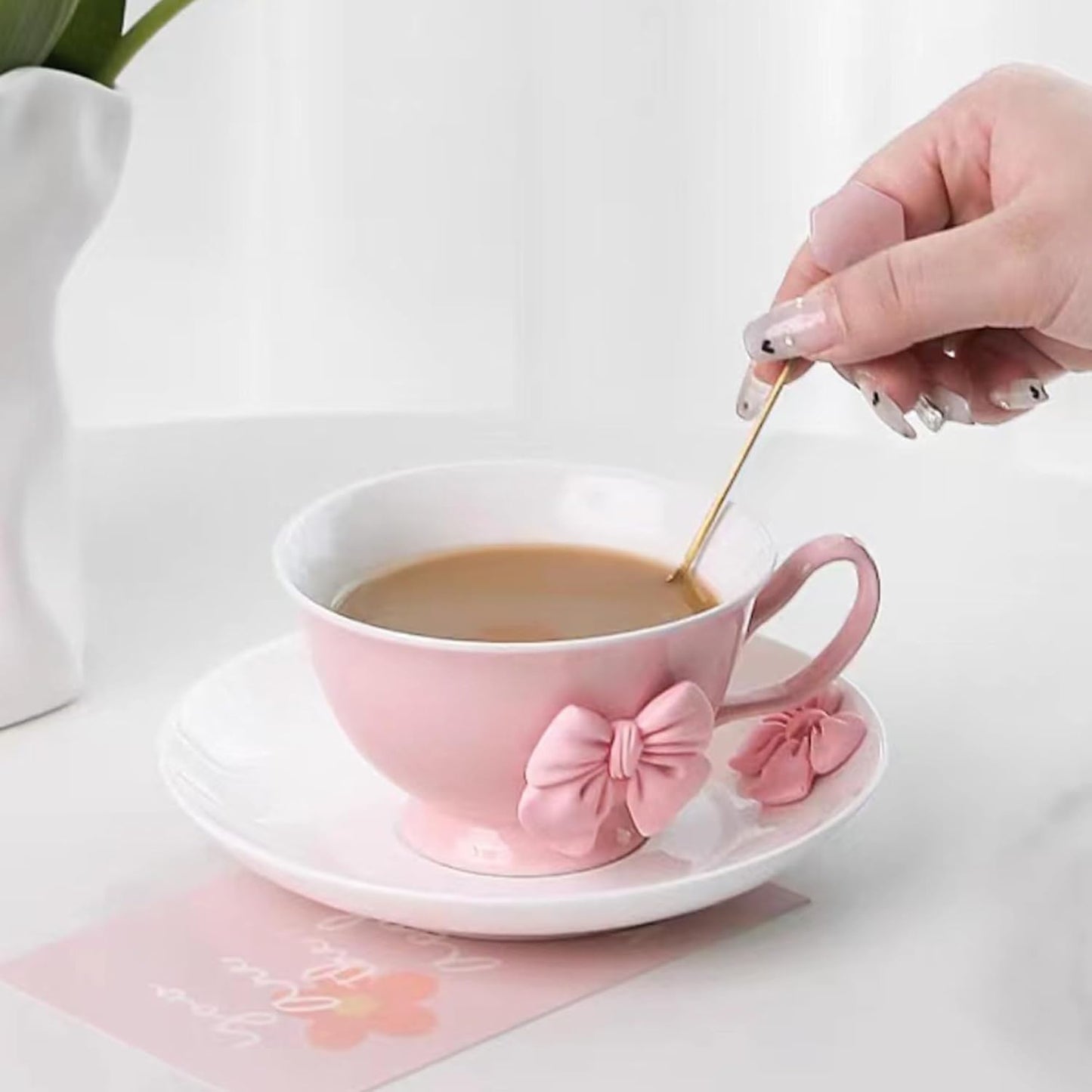 200 ML Violet Bow Coffee Mugs Set with Saucer Coquette Mug Porcelain Coffee Tea Cup Bow Cute Mug for Women Girl