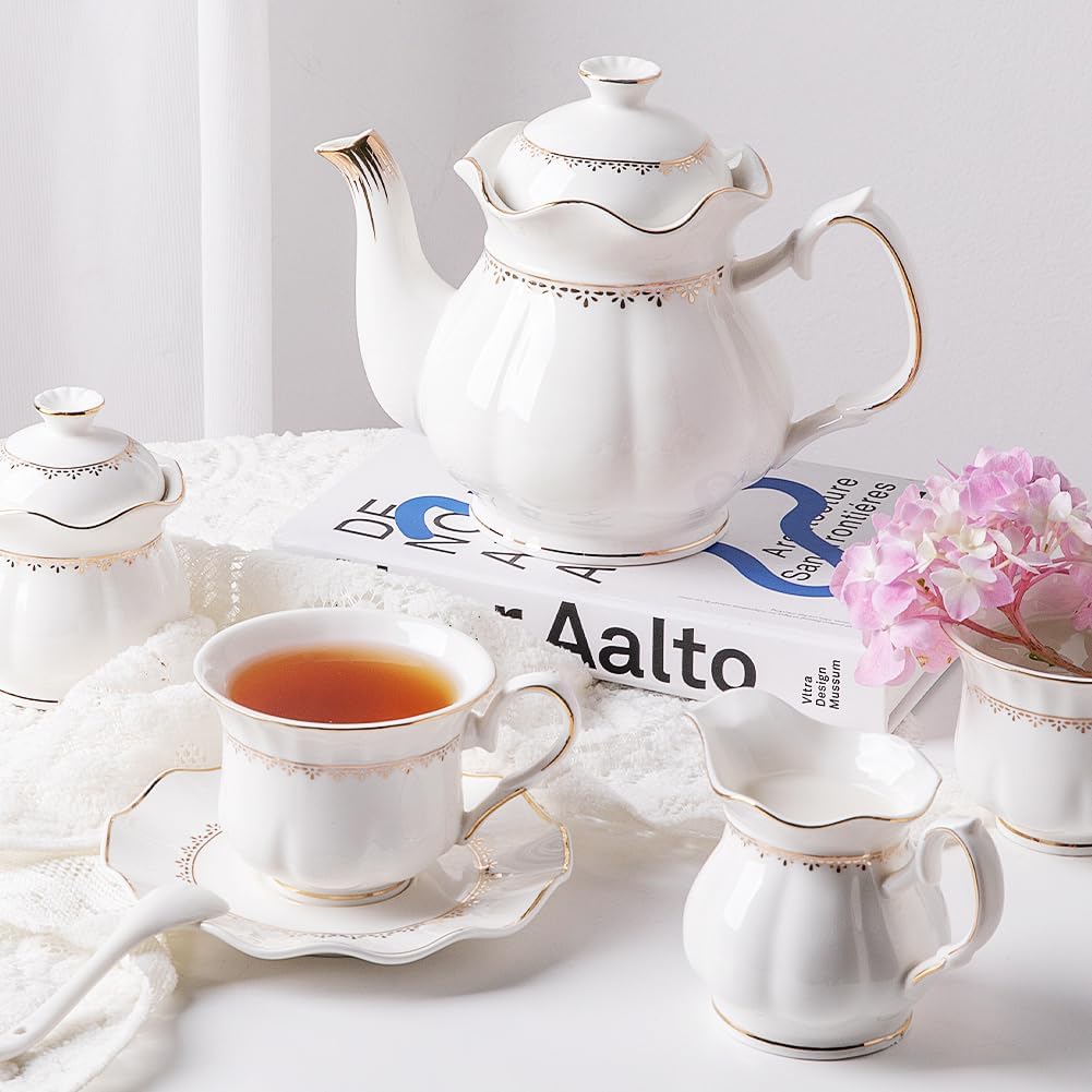Sweejar 21 Pieces Porcelain Tea Set, Vintage Gold Trimmed Teapot Cup and Saucer Set, Tea Cup for Loose Tea, Sugar Bowl and Creamer Pitcher with Spoons, Service for 6(Elegant White)