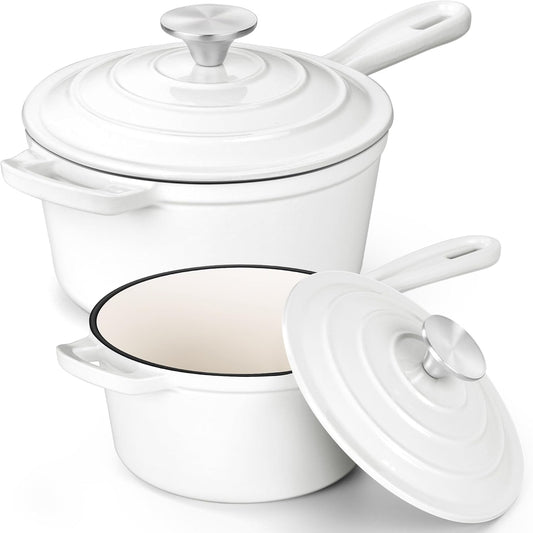 E-far Sauce Pan Set with Lid, 1Qt & 2Qt Enameled Cast Iron Pot Sets for Kitchen Cooking, Small Heavy Duty Dutch Oven Saucepans & Self-basting Lids, Induction-Ready & Easy Clean, White