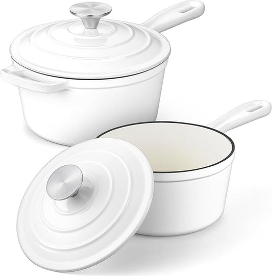 1 Qt & 2 Qt Sauce Pan Sets, Leonyo Enameled Cast Iron Sauce Pan with Lid, Small Saucepan Cast Iron Dutch Oven Kitchen Cookware for All Cooktops Cooking Pasta, Milk, Oatmeal - Up to 500°F, White