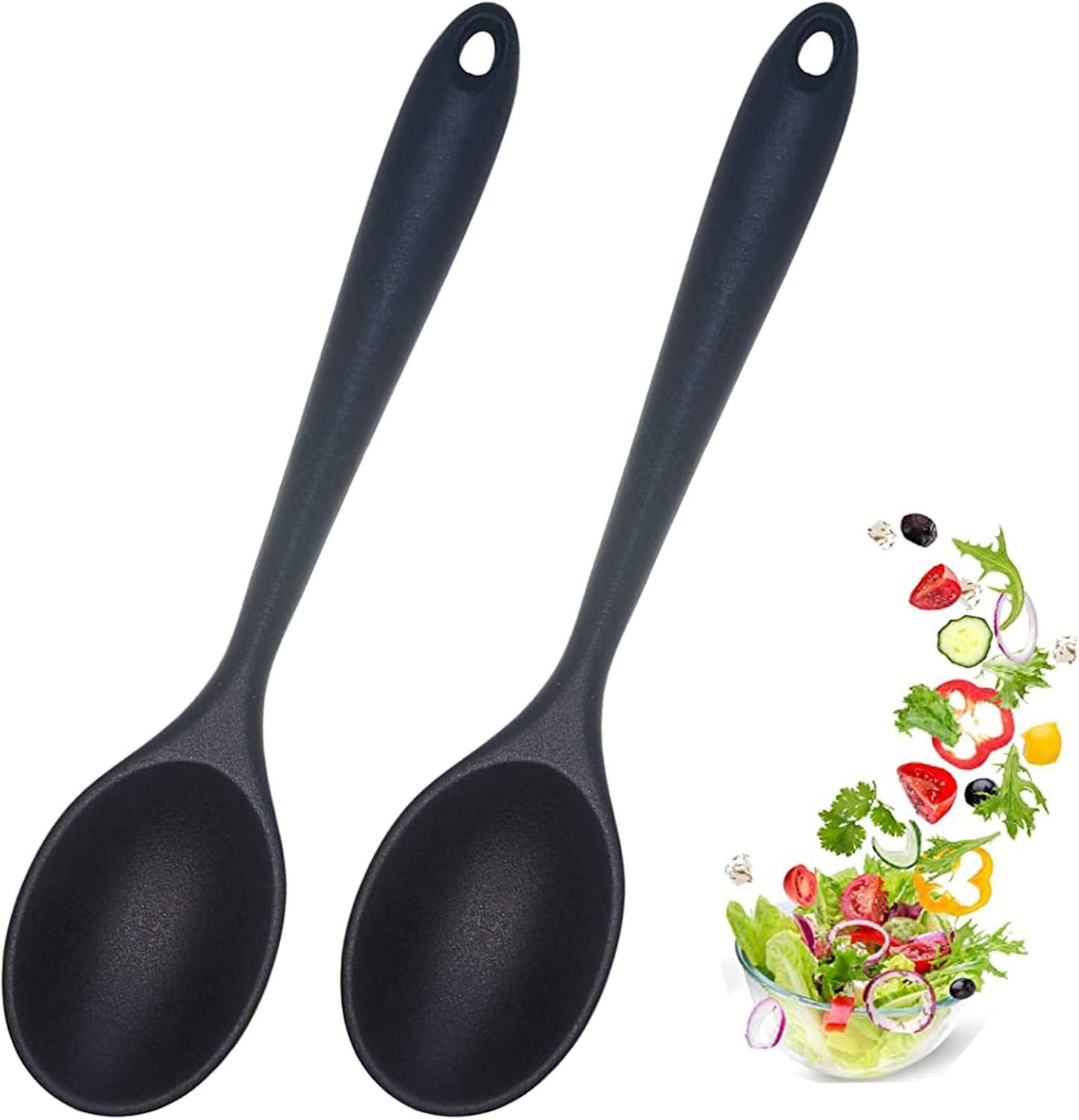 2 Pcs Silicone Nonstick Mixing Spoon, Silicone Spoons for Cooking Heat Resistant, Cooking Utensil for Kitchen Cooking Baking Stirring Serving (Black)
