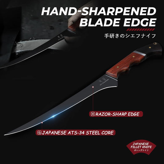Fish Fillet Knife 7inch - Black Meat Slicing Knife in High Carbon Steel, Boning Knives for Meat Poultry Chicken Trimming, Fish Knives with Wooden Handle, Gift for Men