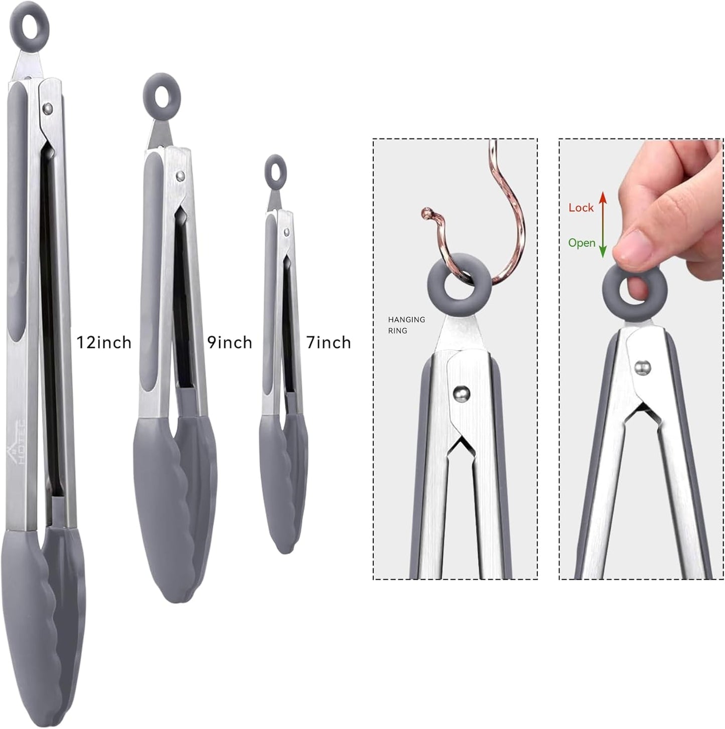 HOTEC Premium Stainless Steel Locking Kitchen Tongs with Silicon Tips, Set of 3-7", 9" and 12" (Grey)