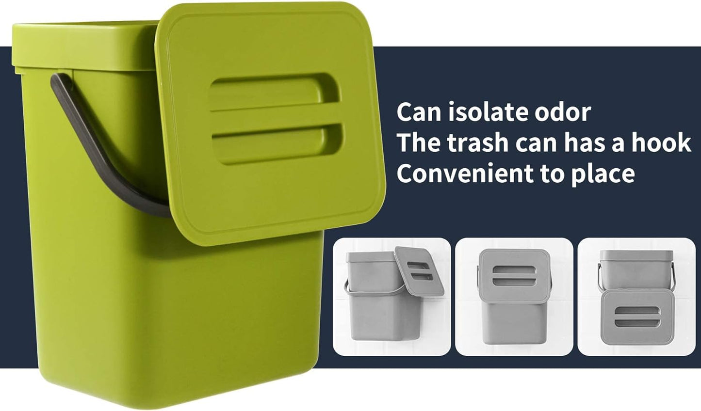 Domiella 2 Pack Hanging Small Trash Can with Lid (1.3 + 0.8 Gal), Kitchen Compost Bin for Countertop or Under Sink, Mountable Food Waste Bin for Cabinet, Bathroom, or RV Use (Green)