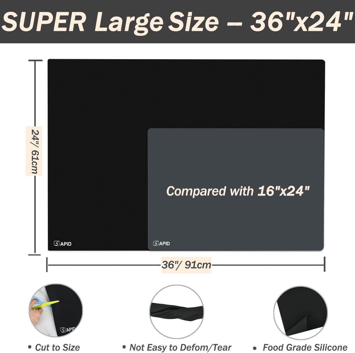 Extra Large Silicone Mat 36" x 24" Place Mats, Heat Resistant Mat for Kitchen Countertop Protector, Thick Placemats Washable Silicone Mats for Kitchen Counter Mat Dining Table Mat, Black, Sapid