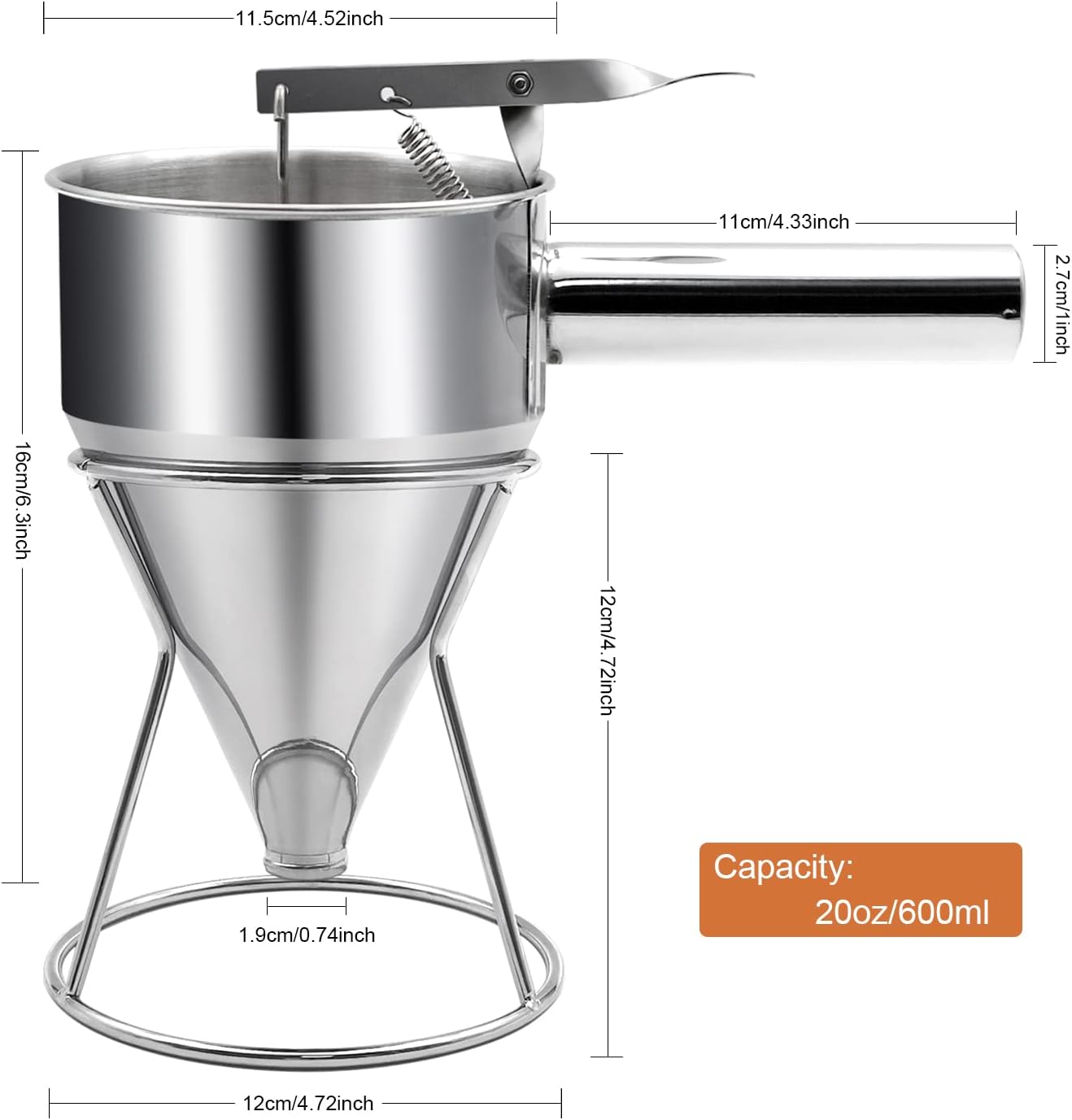 20oz Pancake Batter Dispenser, Stainless Steel Funnel Cake Dispenser with Stand Heavy Duty Baking Tool for Cupcake Waffles Cakes, Caliber: 0.31"/0.47"/0.55"/0.67"
