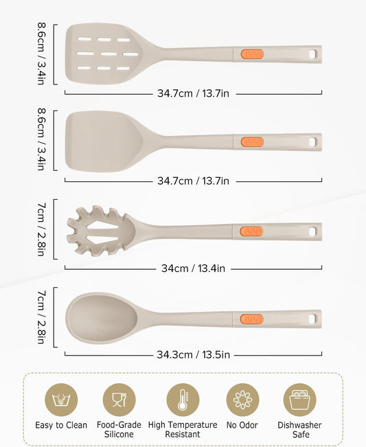Silicone Spatulas and Spaghetti Spoons, 4 Pack Heat Resistant Full Silicone Cooking Utensils Set, Non Stick Large Kitchen Spatula Spoons for Cooking, Mixing, Serving, Draining