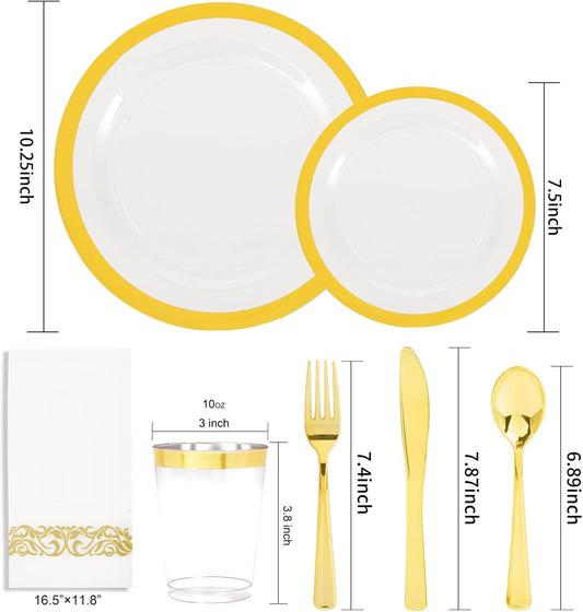 YOUBET 210PCS Clear Gold Plastic Dinnerware - Gold Plastic Plates and Golden Dinnerware Includes 30 Dinner Plate, 30 Dessert Plate, 30 Gold Cups, 30 Napkins for Party & Wedding Thanksgiving