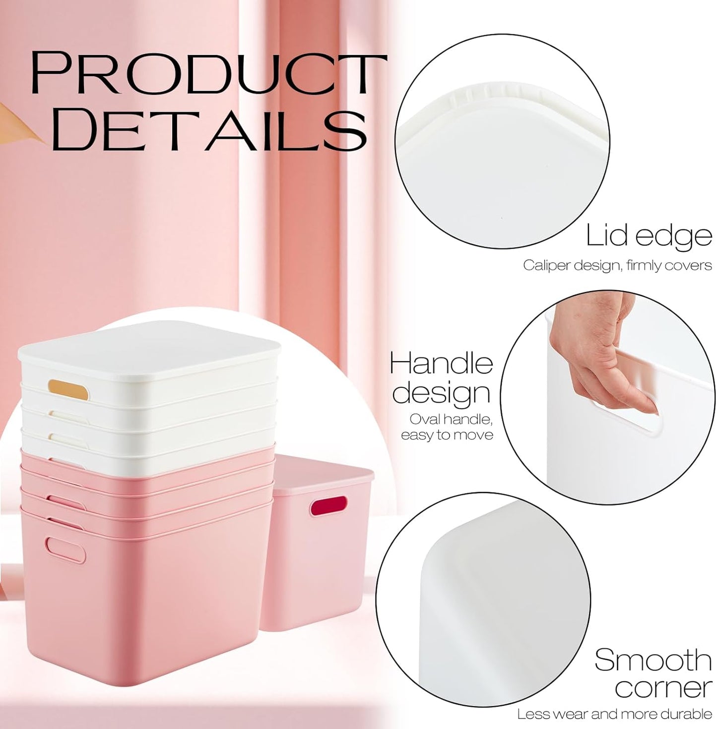 Hoolerry 8 Pieces Colorful Storage Bins with Lid, Plastic Storage Basket Organizing Container Stackable Box with Handle for Shelves Desktop Playroom Office(14.2 x 10.2 x 9.5 Inch,White and Pink)