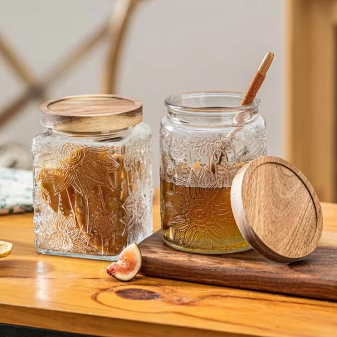 ANSQU Square Glass Jar with Lid – 25.4 oz Vintage Style Glass Food Storage Container for Kitchen Pantry, Candy, Sugar, Coffee, Cookies, Clear Kitchen Jar for Organization & Decor (Square Sunflower)