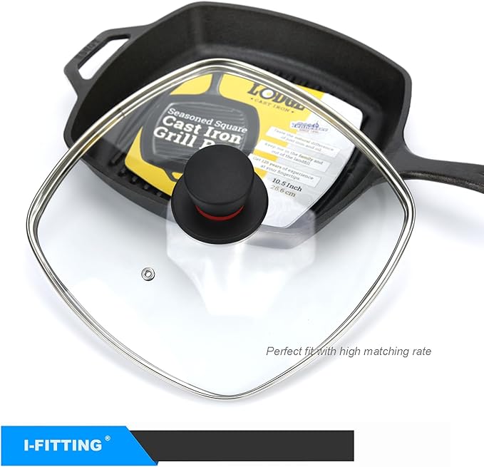 Square Glass Lid for Grill Pans with Steam Vent Hole - Fits Lodge Cast Iron Skillets 10.5inch(26.67cm) - Square Tempered Glass Lid - Universal Replacement Cover Bakelite Round Knob