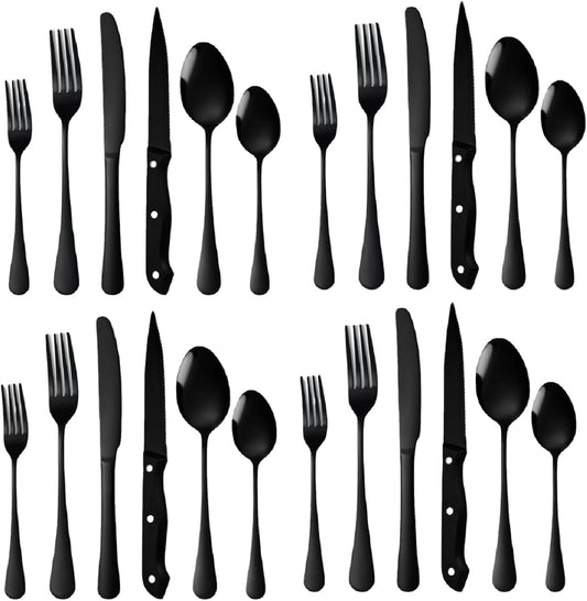 Black Cutlery Set for 4 Silverware Stainless Steel Flatware 24 Piece Fork Spoon Knives Perferct for Parties Restaurant Everyday Kitchen Utensils Mirror Polished
