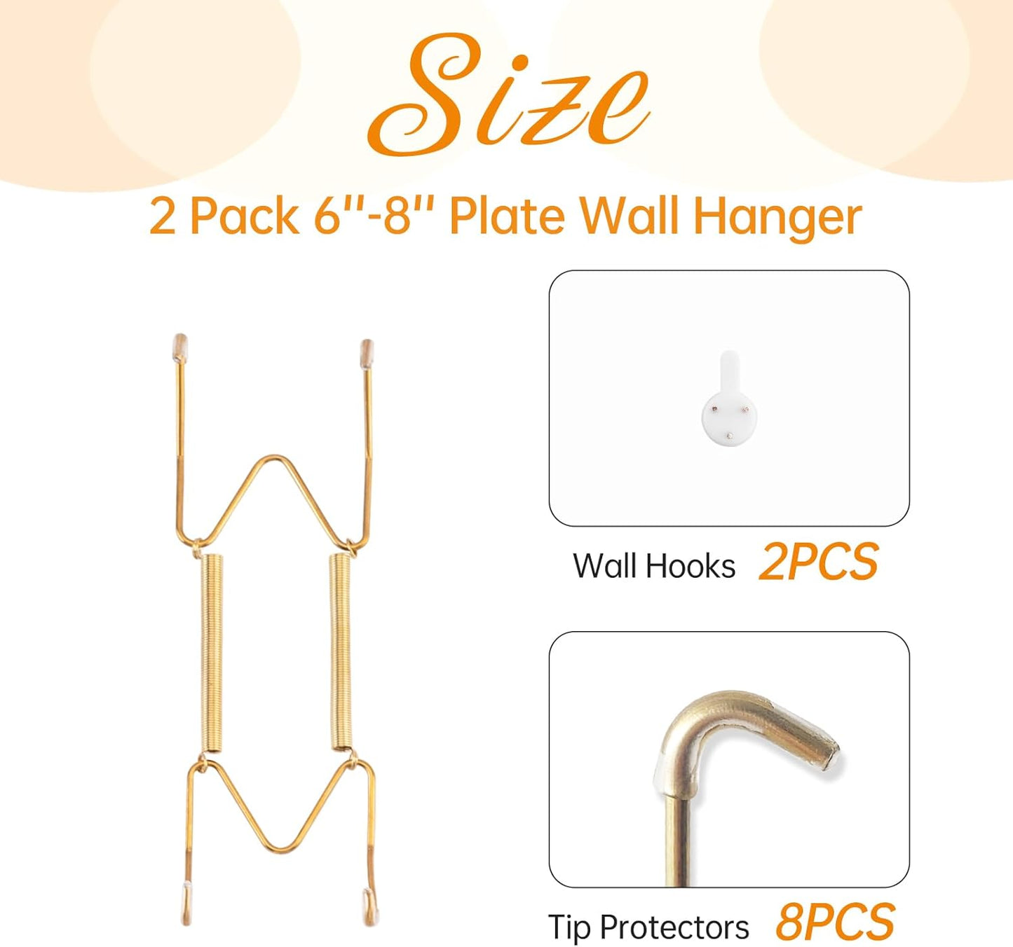 2 Pack Plate Hangers for The Wall, Suitable for 6-8 inch Art Plate, Stainless Steel Invisible Heavy Duty Wire Plate Holder with Wall Hooks, Plate Hangers for Displaying Plates, Platter, Dish, Gold