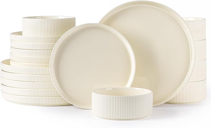 TheTerra Ceramic Dinnerware Sets for 6, 18 Pieces Porcelain Lightweight Plates and Bowls Sets, Scratch Resistant Dish Set, Oven & Microwave & Dishwasher Safe, Beige
