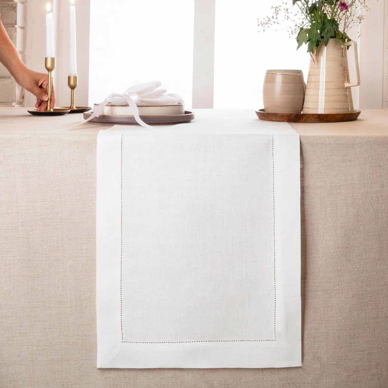 D'Moksha Homes Linen White Table Runner 72 Inches Long - 100% Pure Linen Hemstitch Table Runner 14 x 72 Inch for Dresser, Dining, Fall, Autumn and Halloween - Classic Hemstitch