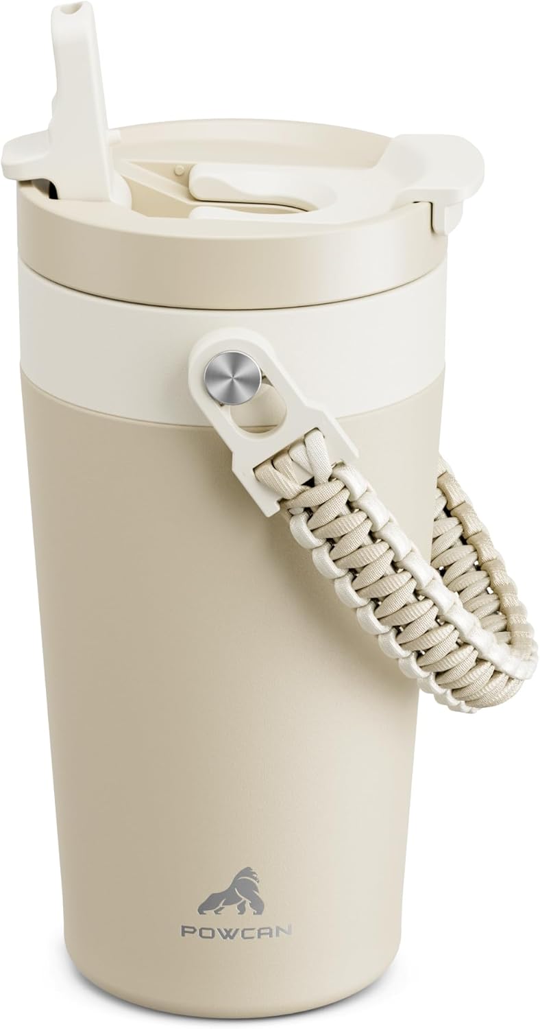 16 oz Insulated Coffee Mug for Office: 2-in-1 Straw Flip Lid, Keep Cold 24H, Fit in Car Cupholder, Leakproof, Stainless Steel Coffee Tumbler with Handle for Travel, Sports, Gifts and Home (Oat)