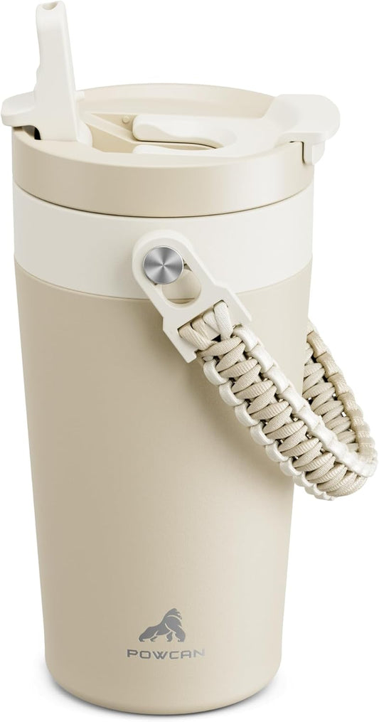 16 oz Insulated Coffee Mug for Office: 2-in-1 Straw Flip Lid, Keep Cold 24H, Fit in Car Cupholder, Leakproof, Stainless Steel Coffee Tumbler with Handle for Travel, Sports, Gifts and Home (Oat)