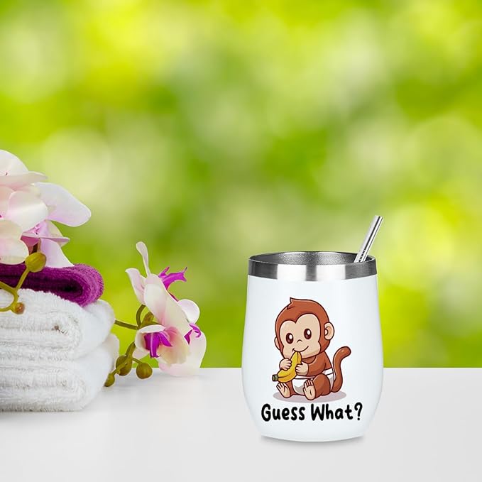 VICBOU Cute Funny 12 oz Tumbler, Wine Tumbler Insulated Wine Glass with Lid, Monkey Gifts for Girls Boys Women Men Animal Lovers Monkey Supplies Accessories Friendship Appreciation Christmas Birthday