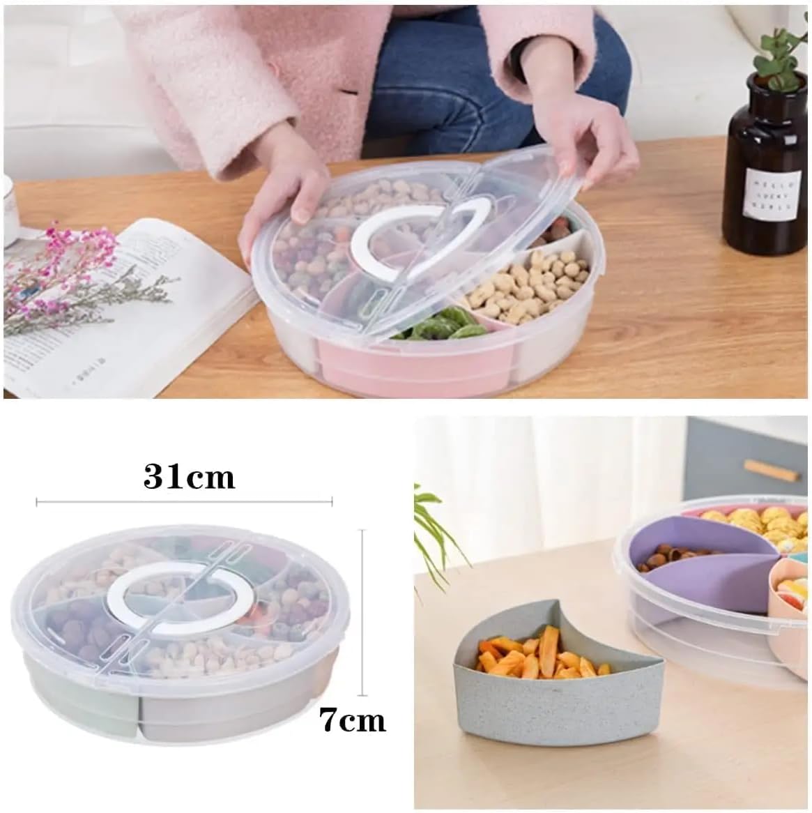 Snack Box Container – 5 Compartment Divided Serving Tray with Lid & Handle for Dry Fruits, Sweets, Nuts, Snacks & More – Portable Food Storage Organizer