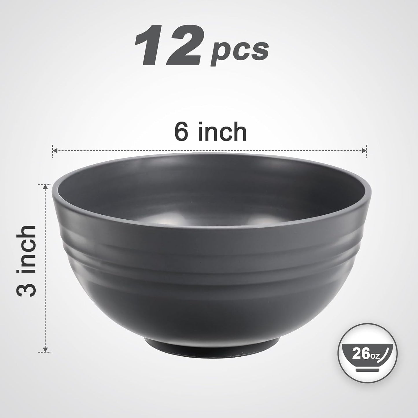 12 Pcs Unbreakable Cereal Bowls Set, 26 Oz Wheat Straw Bowls Set, Microwave & Dishwasher Safe Bowls for Kitchen, Reusable Plastic Bowls for Soup, Salad and Snack, BPA Free, Dark Gray