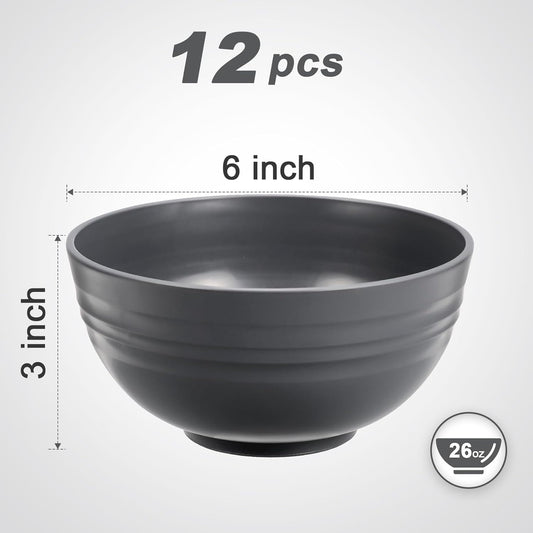 12 Pcs Unbreakable Cereal Bowls Set, 26 Oz Wheat Straw Bowls Set, Microwave & Dishwasher Safe Bowls for Kitchen, Reusable Plastic Bowls for Soup, Salad and Snack, BPA Free, Dark Gray