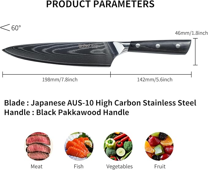 Damascus Chef Knife 8 Inch, Professional Chefs Knife With Japanese Aus-10 High Carbon Stainless Steel, Japanese Chef Knife With Black Pakkawood Handle, Chef's Kitchen Cutting Knife