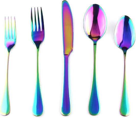 Gugrida 20-Piece Mirror Polished Reusable Utensils Vitalt Healthy & Eco-Friendly Stainless Steel Rainbow Flatware Tableware Dinnerware Set, Shiny Cutlery Knife Fork Spoon Set, Service for 4