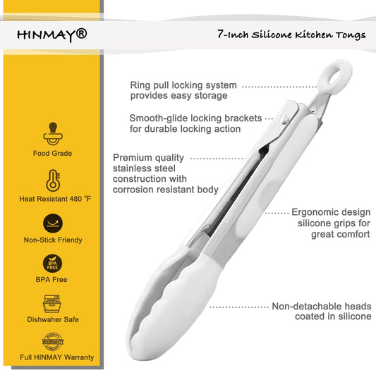 Mini Tongs with Silicone Tips 7-Inch Serving Tongs, Set of 3 (White)