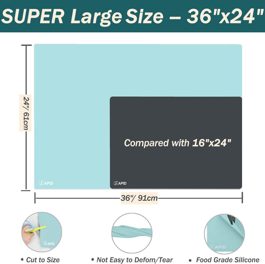 Extra Large Silicone Mat 36" x 24" Place Mats, Heat Resistant Mat for Kitchen Countertop Protector, Thick Placemats Washable Silicone Mats for Kitchen Counter Mat Dining Table Mat, Mint Green, Sapid