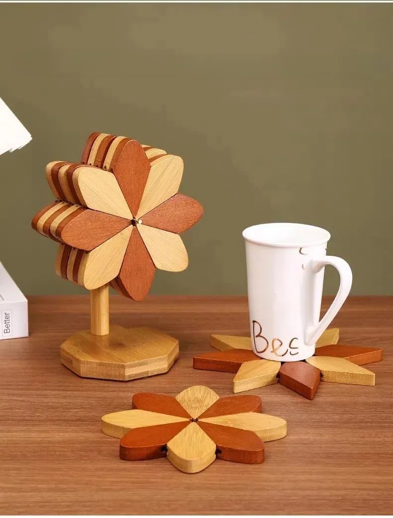 Foldable Pinwheel Wooden Trivets for Hot Dishes,Natural Pinwheel Shape Trivets Set with 4 Pads and 1 Stand for Pot,Bowl,Teapot, Easy Storage Windmill Design Kitchen Decor‌