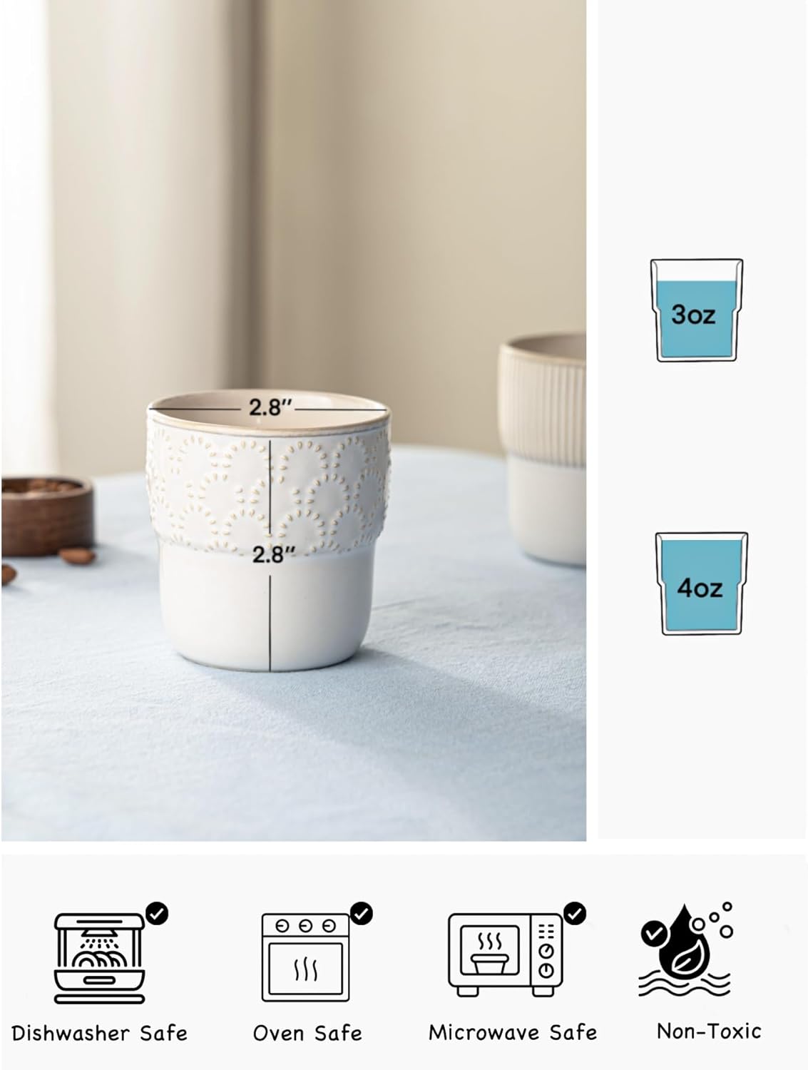 Espresso Cups Set of 2, 4oz Espresso Shot Cups, Mini Coffee Mugs Farmhouse Decor, Espresso Cup Perfect for Espresso Machine, Microwave and Dishwasher Safe，（Embossed Stripes+Firework）